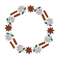 Decorative circular wreath with cinnamon stick, star anise and botanical leaves in flat style.