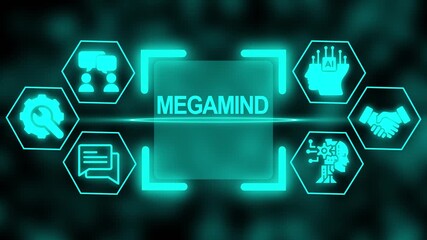 Megamind concept with glowing neon icons representing AI technology and business collaboration on a dark background - Powered by Adobe