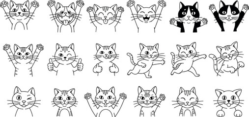 Cartoon cat character set with various emotions, gestures, and poses for stickers, design elements, and educational vector illustrations.