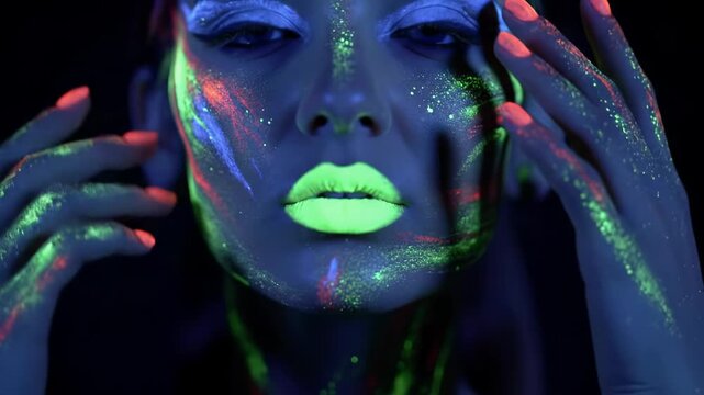 Young caucasian woman with glowing uv body paint in electric blue, neon orange, green, red, performing graceful movements on black. Mystical futuristic art vision