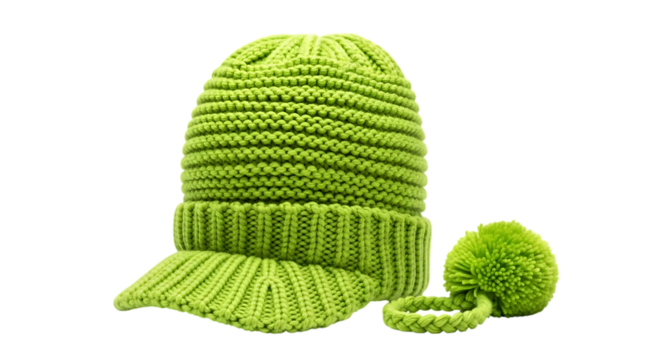 Bright green knitted winter hat and accessories isolated on transparent background