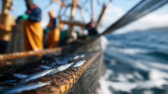 Close-up of fish sliding along wet nets, deck textures and maritime tools in focus, workers in soft-focus background, open water scene enhancing authenticity