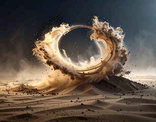 Circular portal with sandy explosion on dune-filled desert landscape under a cloudy, dark sky