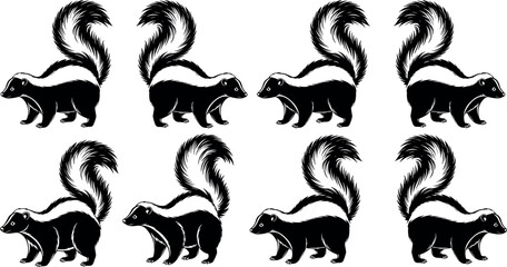 Cute cartoon skunk animal vector illustration in side profile view with white stripe, black fur, tail raised, isolated on white