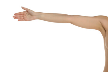 Studio shot of a woman’s arm extended forward in a front view of her torso on a white background.