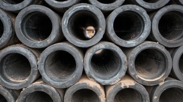 Close-up of gray PVC pipes stacked in rows, circular openings visible, highlighting material for drainage and liquid transport in construction settings