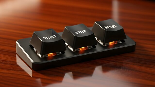Start Stop Reset Buttons on Wooden Desk, Control Panel, Technology Concept.