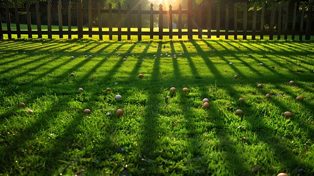 Golden sunlight streams onto a vibrant lawn dotted with Easter eggs near a rustic fence, creating a magical spring scene perfect for seasonal campaigns