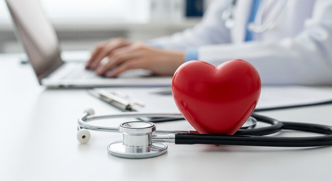 Red heart and stethoscope on medical table highlighting healthcare services while physician uses digital technology