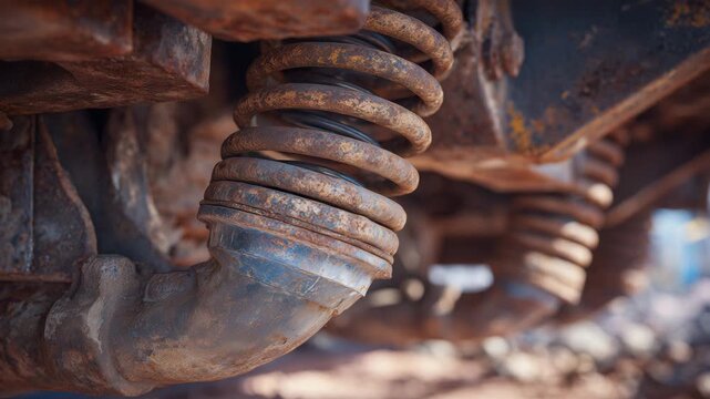 Close-up of heavy-duty train car springs and suspension components, rusted metal textures highlighted under soft industrial lighting