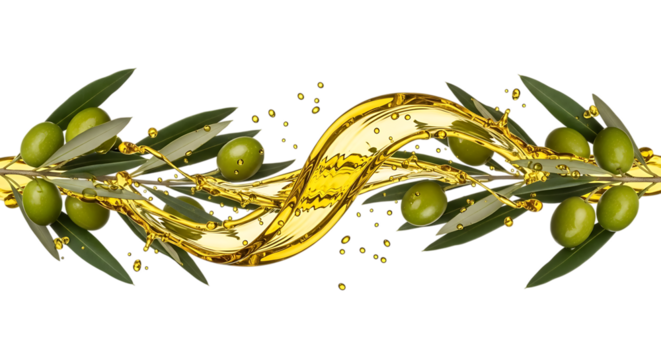 Green olives on branches with golden oil splash isolated on transparent background - Powered by Adobe