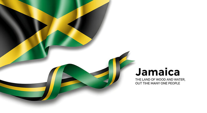 Waving jamaican flag with text jamaica land we love against white background