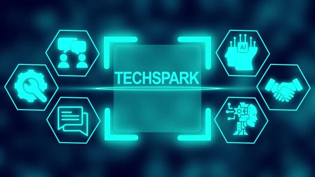 TECHSPARK technology concept with AI and business icons on a blurred dark blue background - Powered by Adobe