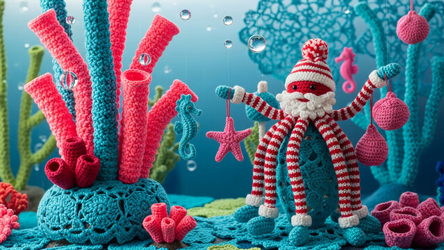 Crochet santa octopus with coral and seahorses underwater christmas scene