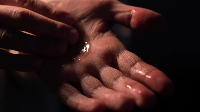 A wet liquid on a person's hand.
A close-up of moisturizing gel on a palm.
A person uses sexual lubricant to moisturize intimate areas and improve gliding.