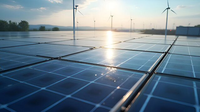 A wide solar panel array reflecting the soft morning light, accompanied by distant wind turbines for hybrid renewable power.