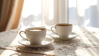 Fototapeta premium Sunlit Coffee Break Enjoying a Tranquil Morning Together