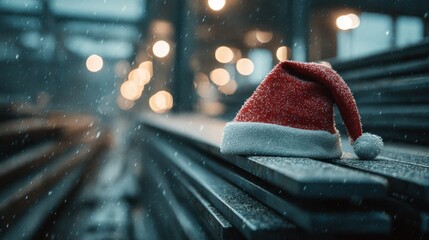 Santa hat on a snowy bench with bokeh lights in the background