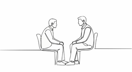 Two men in continuous line art style sitting facing each other.