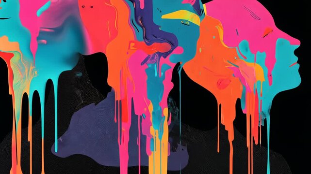 Abstract Psychedelic Faces: Colorful Dripping Paint in Modern Expressionism Art Design