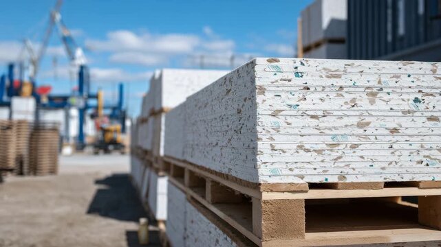 Close-up of neatly stacked drywall panels at a construction site, edges aligned, sunlight highlighting smooth surfaces and paper textures