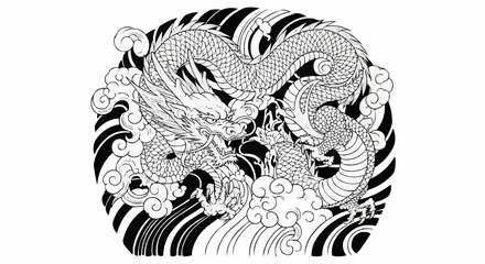 Intricate black and white Japanese dragon tattoo design illustration.