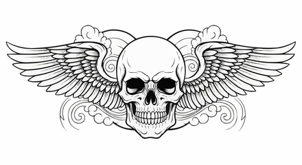 Detailed black and white illustration of a human skull with wings.
