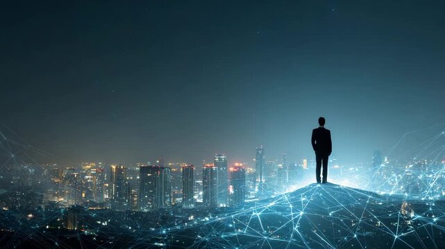 Businessman in suit standing on a digital network hill overlooking a futuristic illuminated city skyline at night, symbolizing technology, innovation, and global connectivity