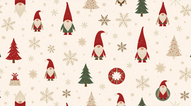 Scandinavian Christmas Gnomes Seamless Pattern on Cream
