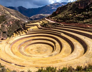 Circular terraced landscape with arid fields, nestled in mountains under dramatic, cloudy skies