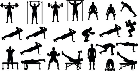 Silhouette vector of strength training, bodyweight exercises, gym workout poses, fitness movements, muscle building, health and wellness icons