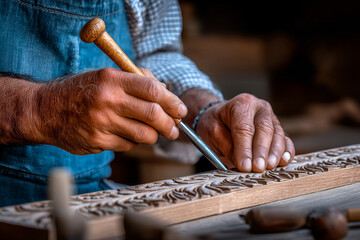 Intricate wood carving craftsmanship with detailed handwork in workshop
