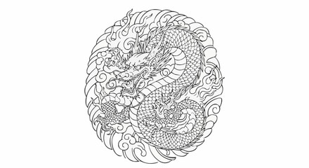 Intricate dragon illustration within a circular design showcasing detailed artistry.