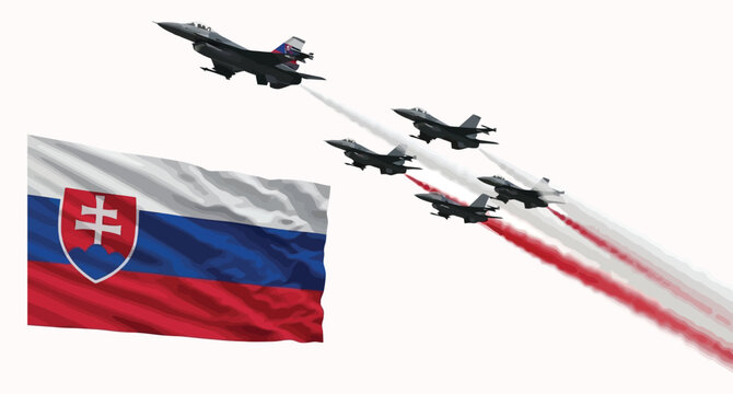 A group of fighter jets flying in formation with the Slovakian flag isolated on white background, celebrating the country's air force and national pride