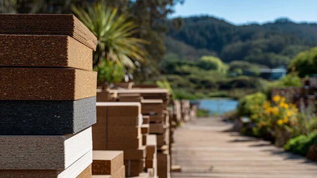 Close-up of stacked bio-based building panels at a construction site, natural textures visible, sunlight highlighting eco-friendly materials against a serene green backdrop
