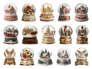 PNG Festive snow globe collection display, element set on transparent background