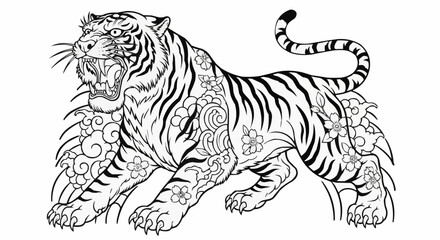 Fierce roaring tiger in a traditional Asian tattoo style line art.