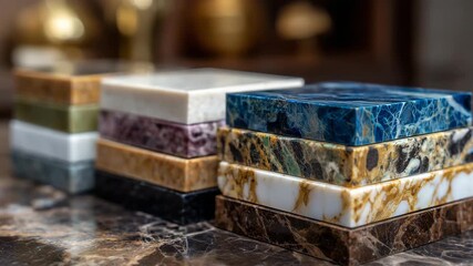 Close-up of stacked stone and ceramic countertop samples, vibrant colors and varied textures visible, soft overhead light highlighting polished surfaces