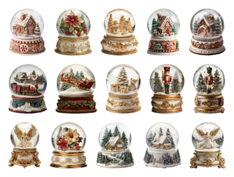 PNG Festive snow globe collection display, element set on transparent background