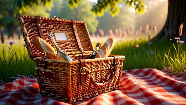 Open wicker picnic basket with bread and wine on a red checkered blanket in a sunny green meadow, a cinematic 3D animation for summer leisure concepts.