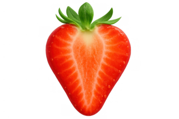 Fresh ripe strawberry sliced in half, revealing its vibrant red flesh and seeds, with a green stem, on a transparent background