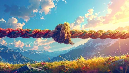 A sturdy knot on a rope stretched across a vibrant mountain meadow under a bright, sunny sky