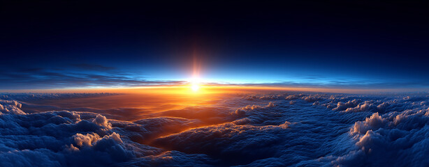 Fototapeta premium Panoramic above the Earth's atmosphere, the sun rising or setting.