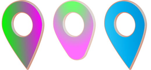 Colorful location pins arranged in a row against a dark background