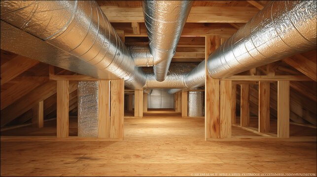 Newly installed insulated air ducts in a clean attic space showing professional HVAC installation and efficient ventilation system concept.