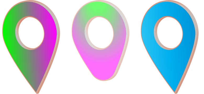 Colorful location pins arranged in a row against a dark background