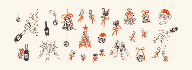 Fototapeten Pony Merry Christmas and Happy New Year whimsical hand drawn crayon doodle design elements. Quirky funny Santa Claus. Xmas celebration disco party. Coquette cocktail and champagne bow glass tower  © Kseniia