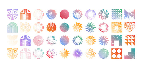 Colorful geometric shapes, modern grunge symbols. Simple primitive elements and forms, distressed details. Retro design, aged, vintage, trendy contemporary minimalist style, y2k. Vector illustration