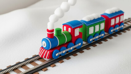 Close up of a colorful toy train on a track with smoke coming out of it