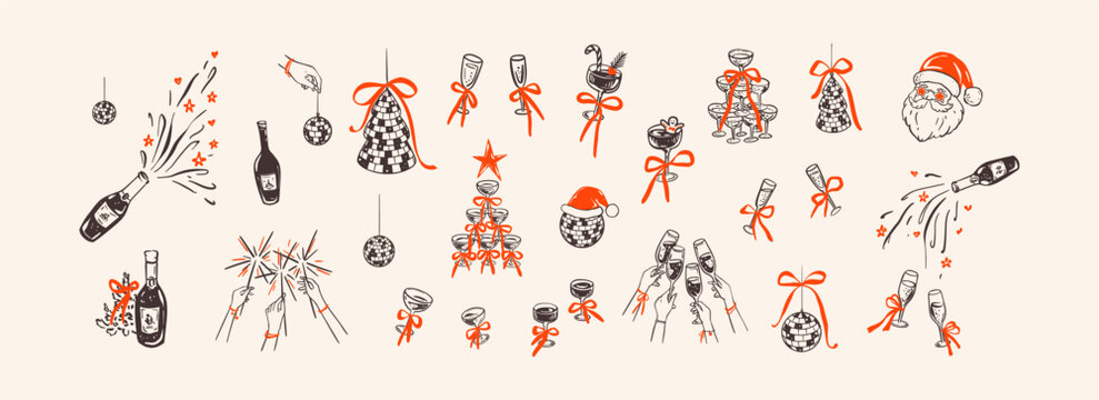 Merry Christmas and Happy New Year whimsical hand drawn crayon doodle design elements. Quirky funny Santa Claus. Xmas celebration disco party. Coquette cocktail and champagne bow glass tower